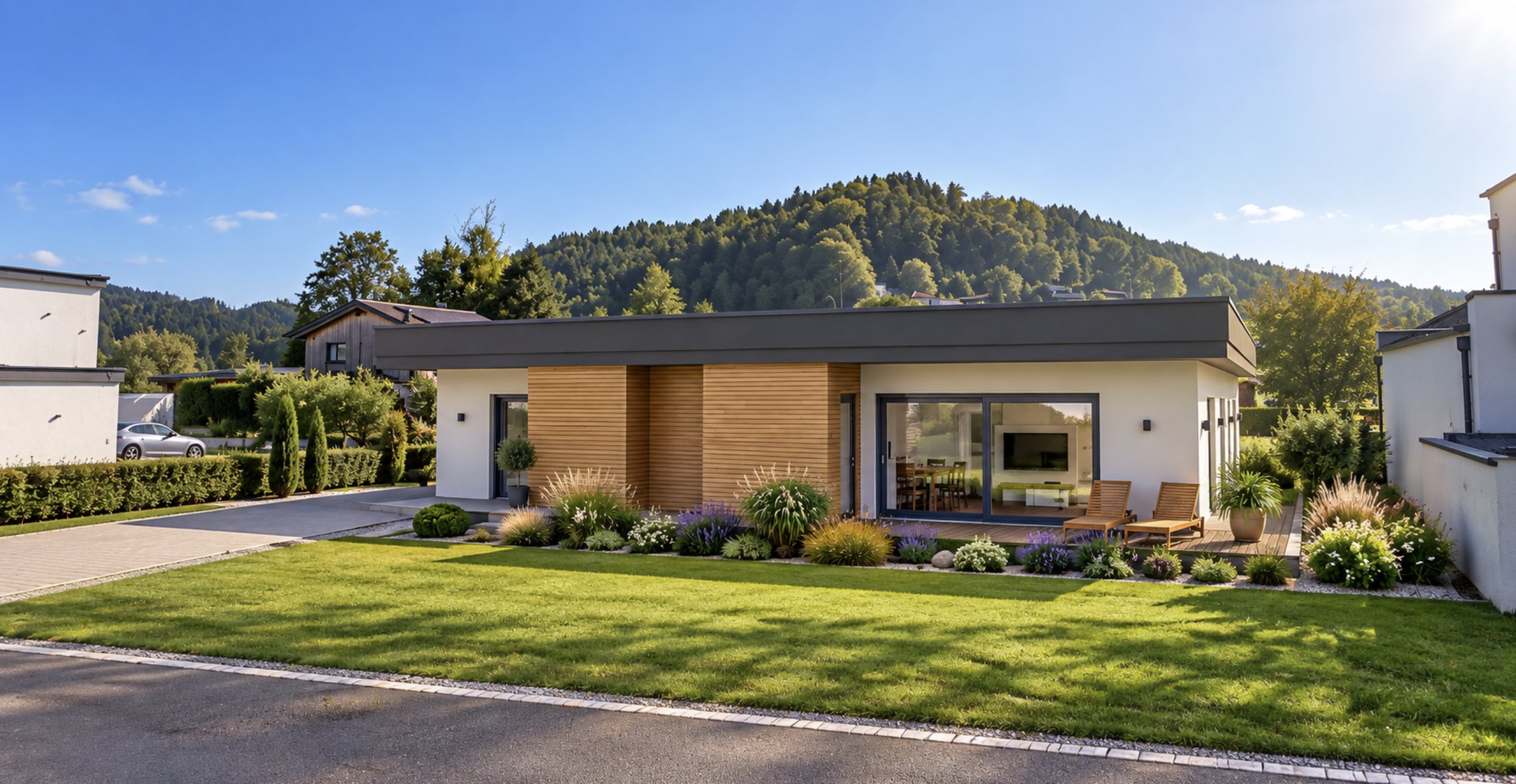 Visualisierung der rechten Haushälfte des Sunset Bungalows mit Verglasung und Terrasse bei Tageslicht