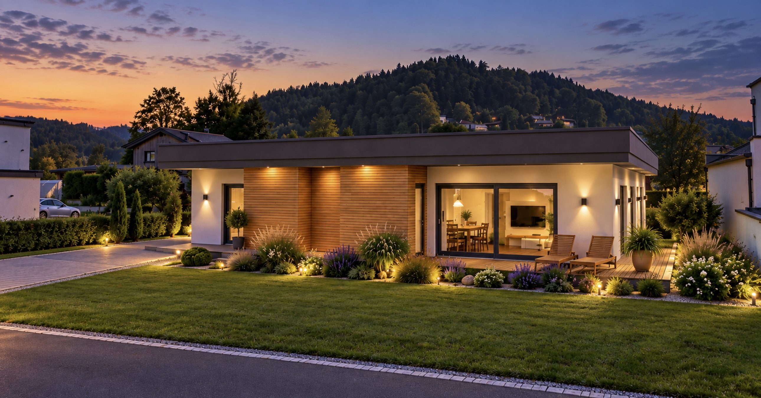 Architekturvisualisierung des Sunset Bungalows bei Abendlicht